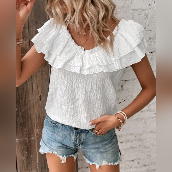New Boho Textured Ruffle Top Blouse On / Off Shoulder White - Picture 7 of 9